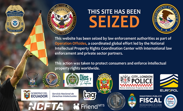 A screenshot of the banner uploaded to domains seized by the US DOJ that were illegally streaming 2026 FIFA World Cup matches.