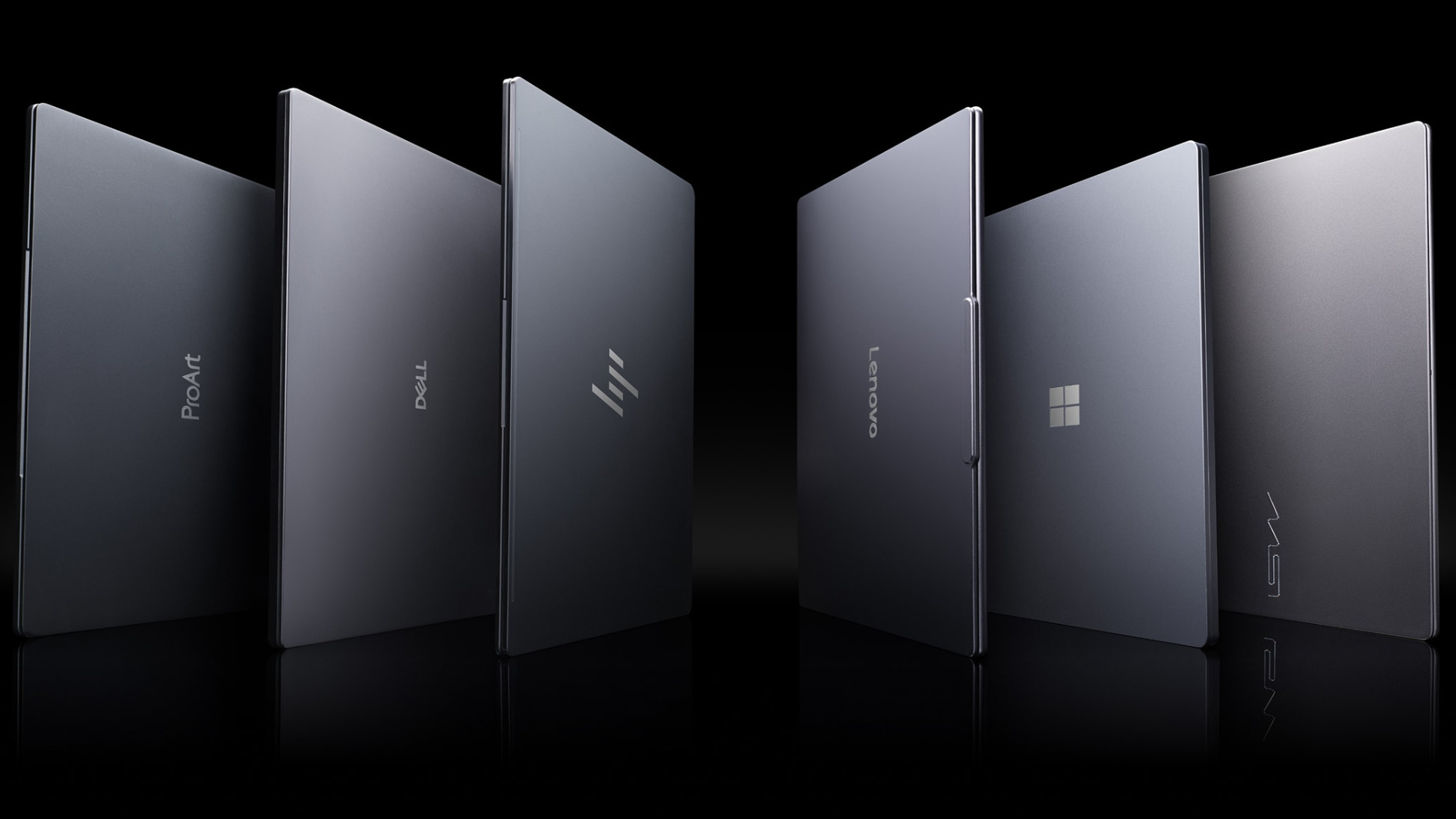 Six Nvidia RTX Spark laptops from different laptop manufacturers, shown against a dark background