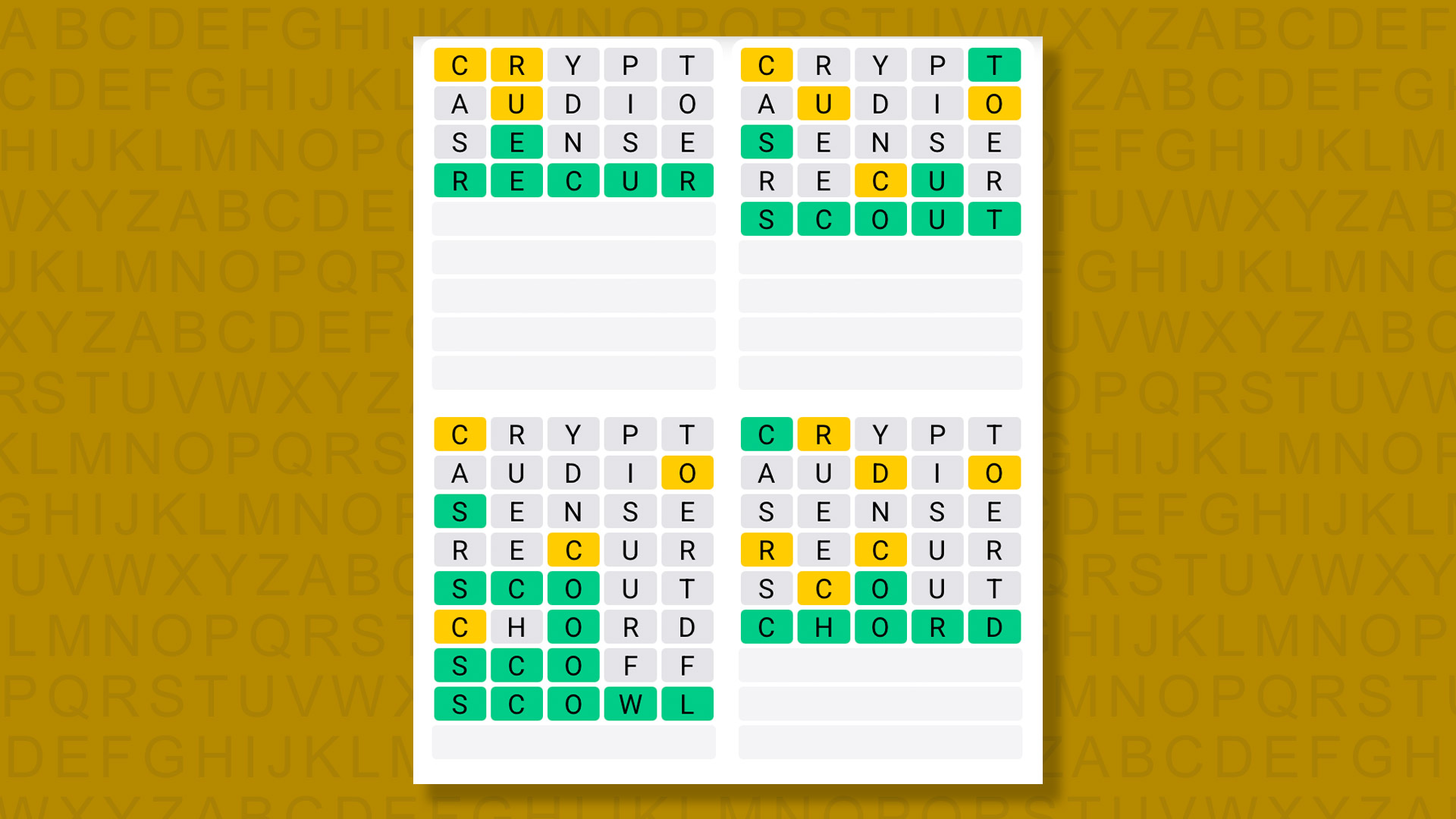 Quordle answers for the game 1593 on a yellow background