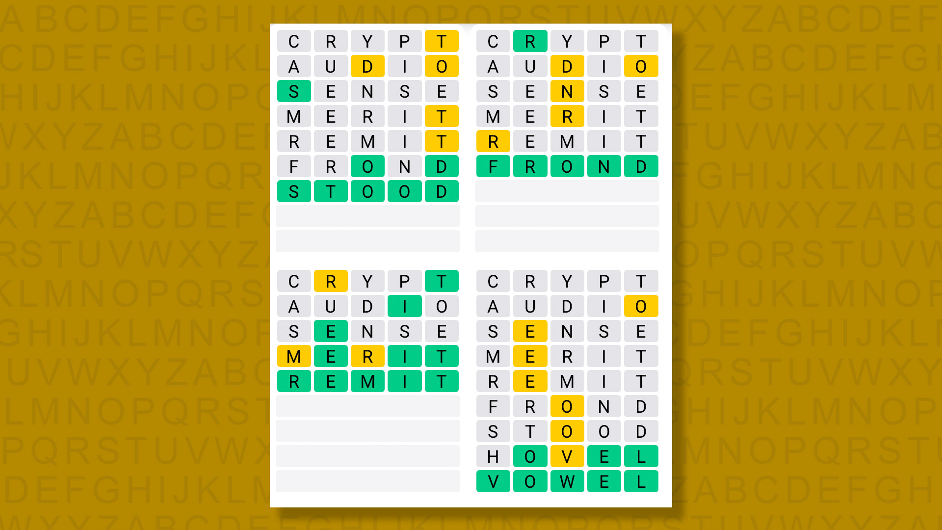 Quordle answers for the game 1589 on a yellow background