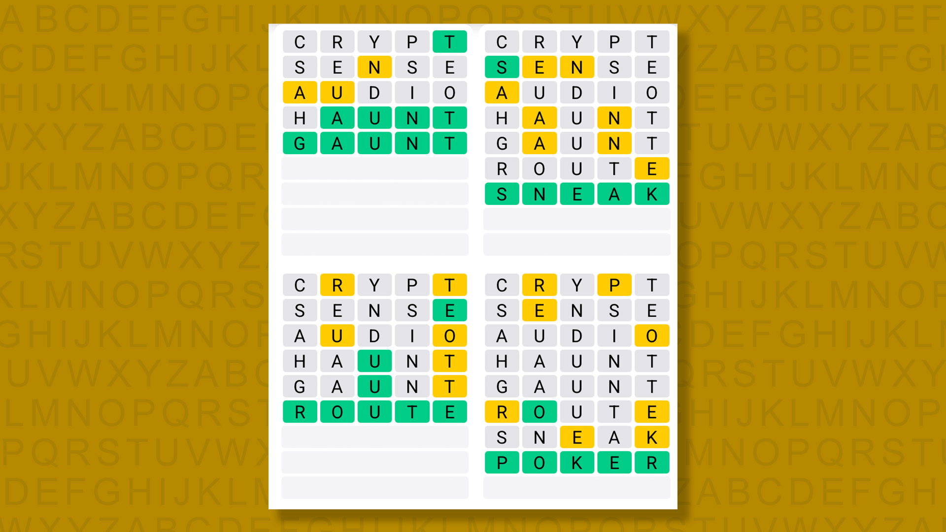Quordle answers for the game 1603 on a yellow background