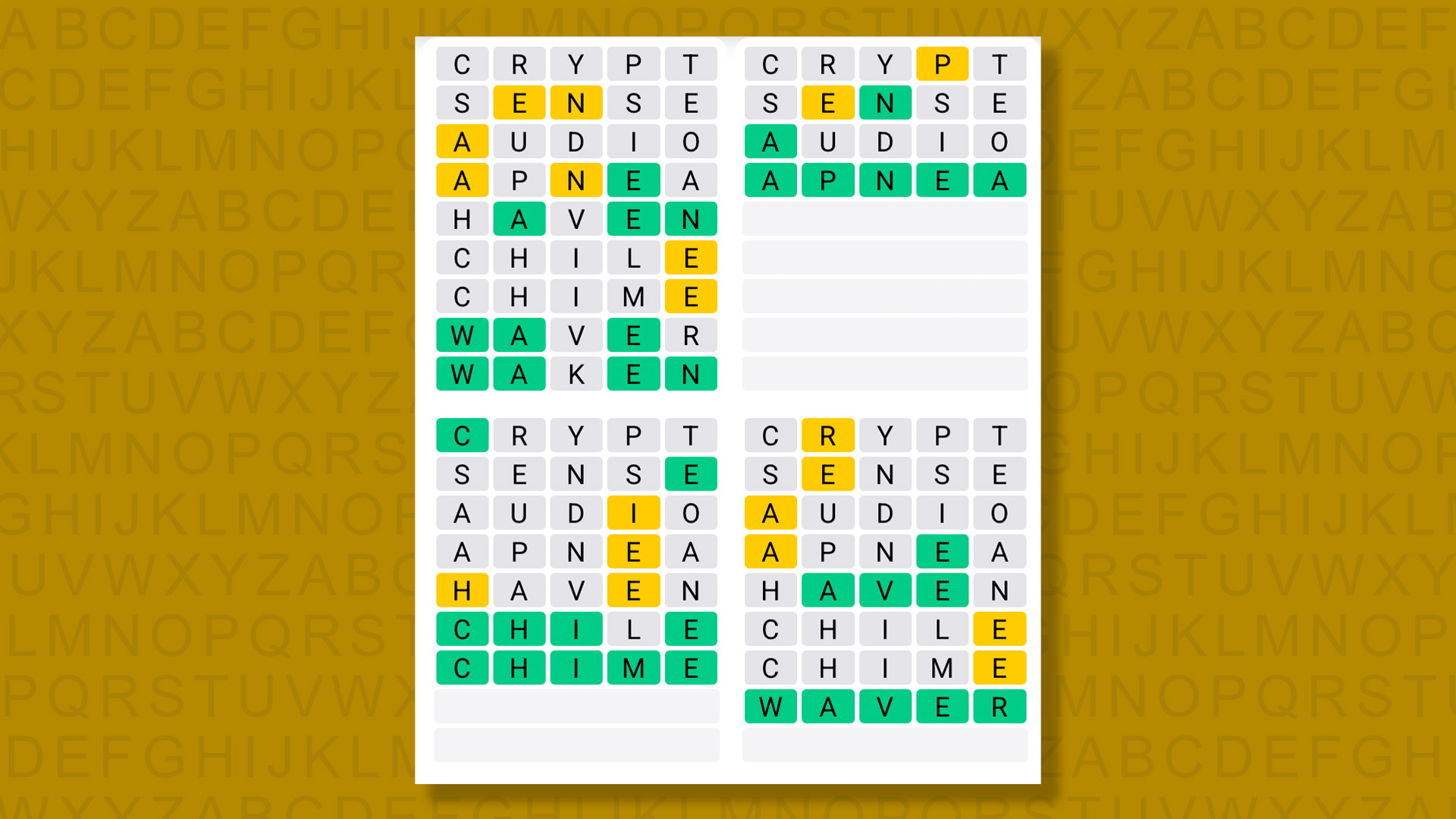 Quordle answers for the game 1610 on a yellow background