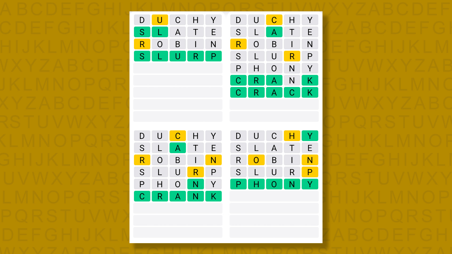 Quordle answers for the game 1617 on a yellow background