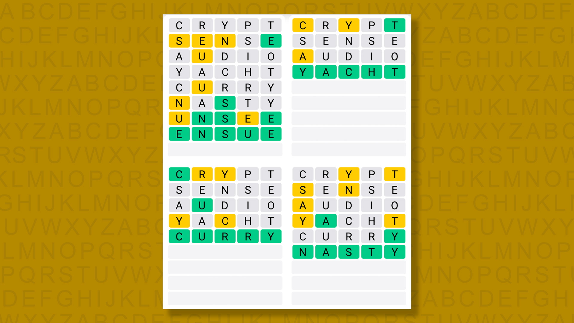 Quordle answers for the game 1592 on a yellow background