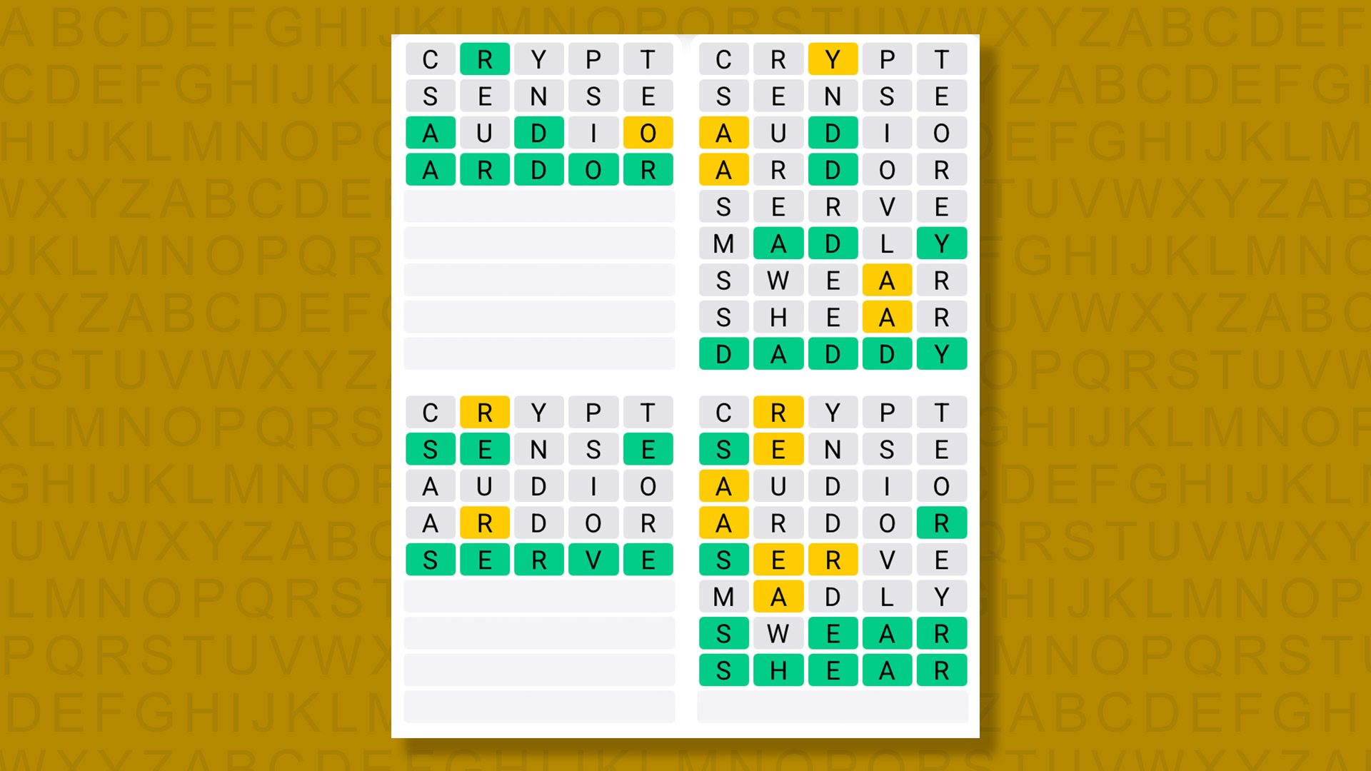 Quordle answers for the game 1611 on a yellow background