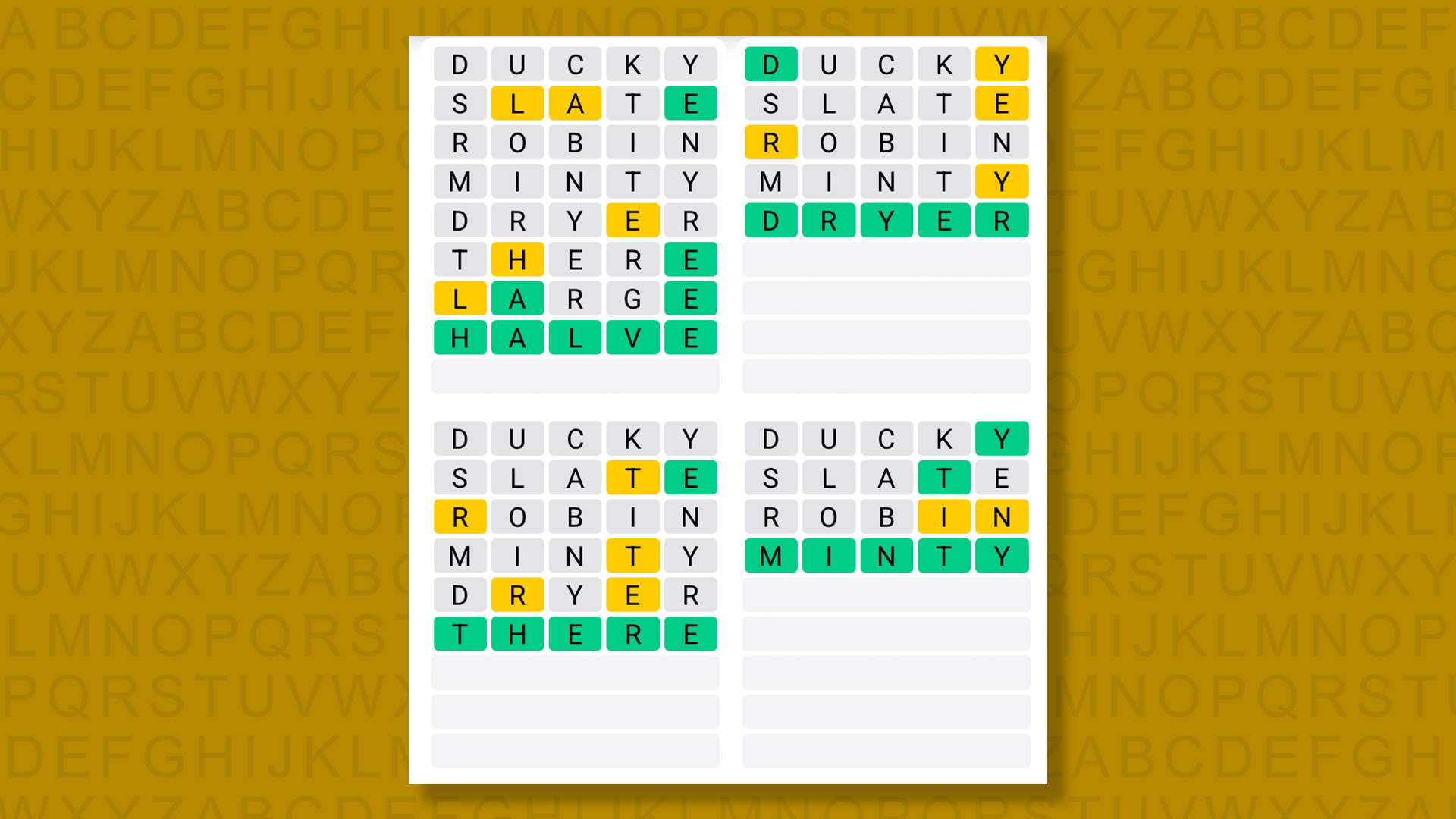 Quordle answers for game n°1618 on yellow background
