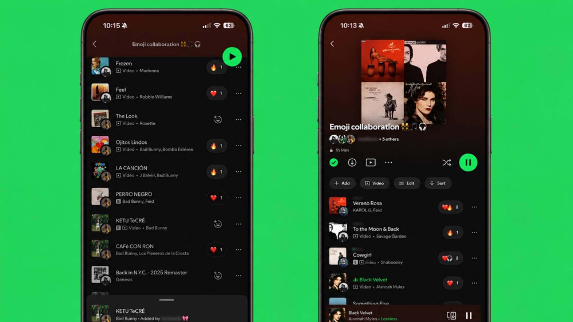 Smartphones showing follow reactions in Spotify collaborative playlists
