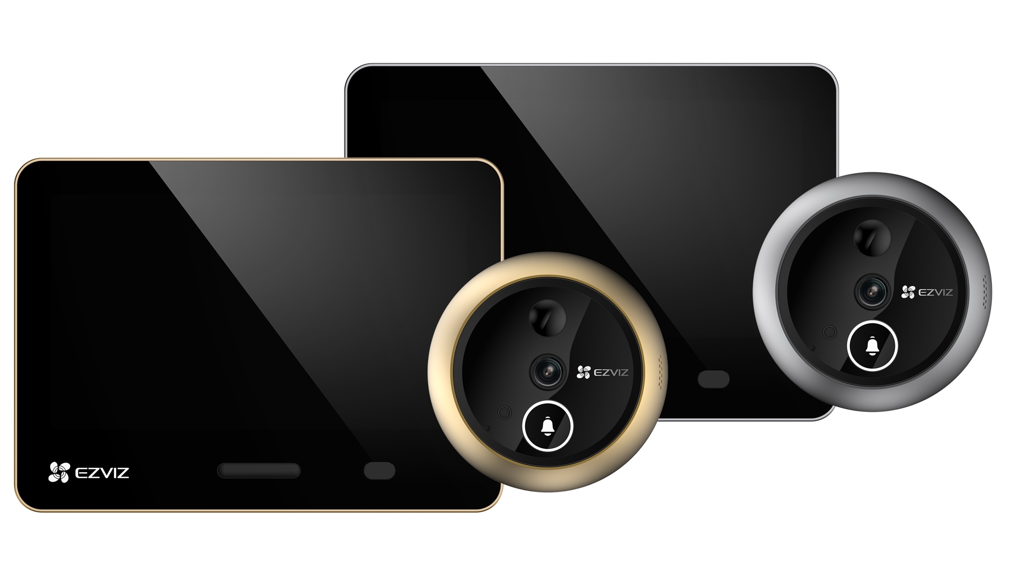 Product photo of EZVIZ EP4 door peephole in silver and gold on white background