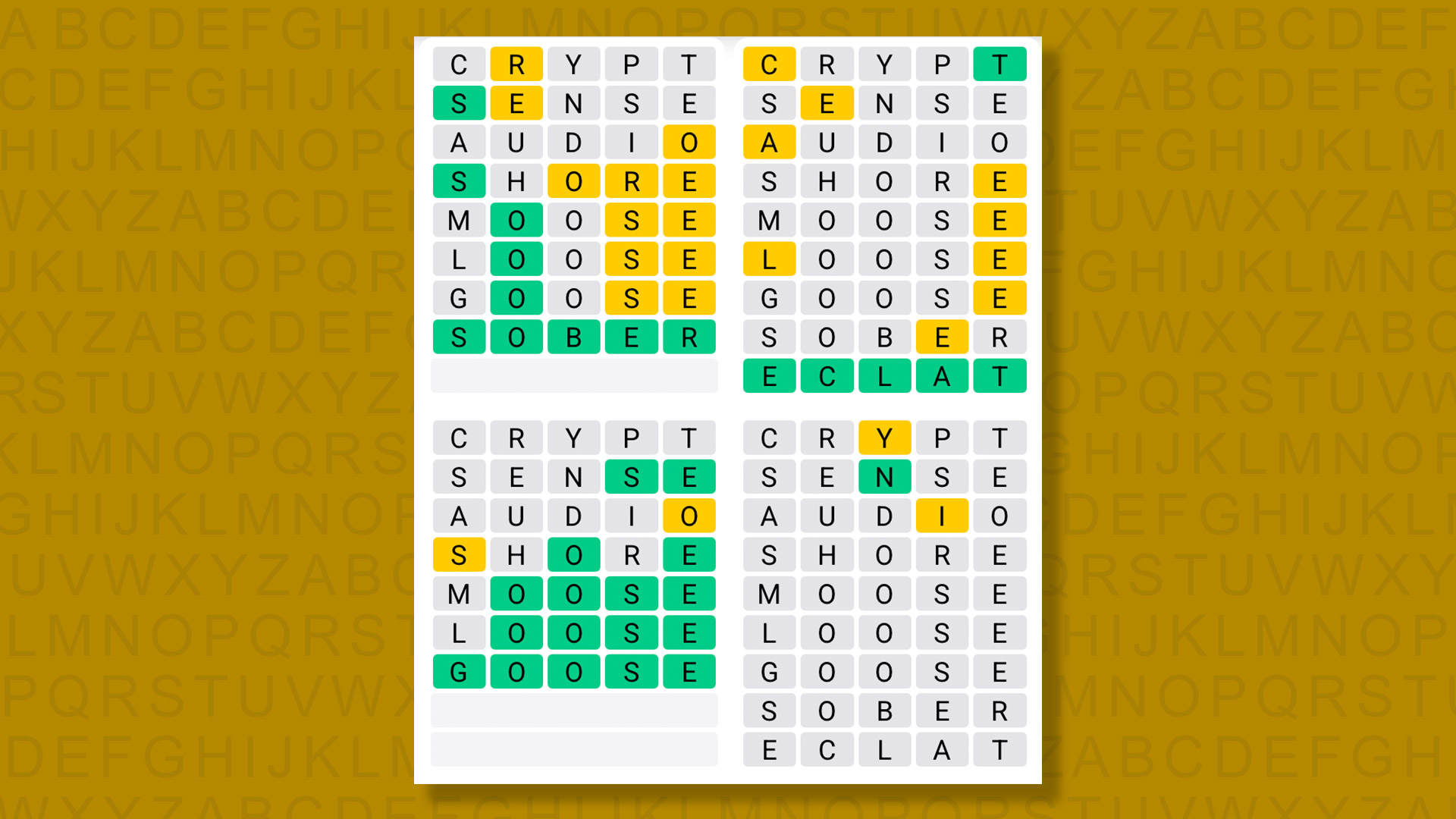 Quordle answers for the game 1612 on a yellow background