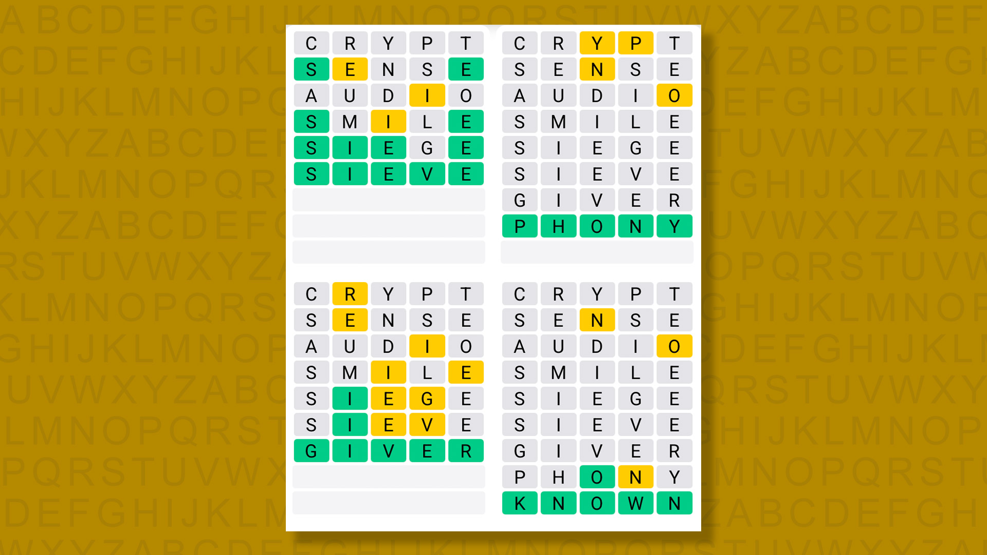 Quordle answers for the game 1594 on a yellow background