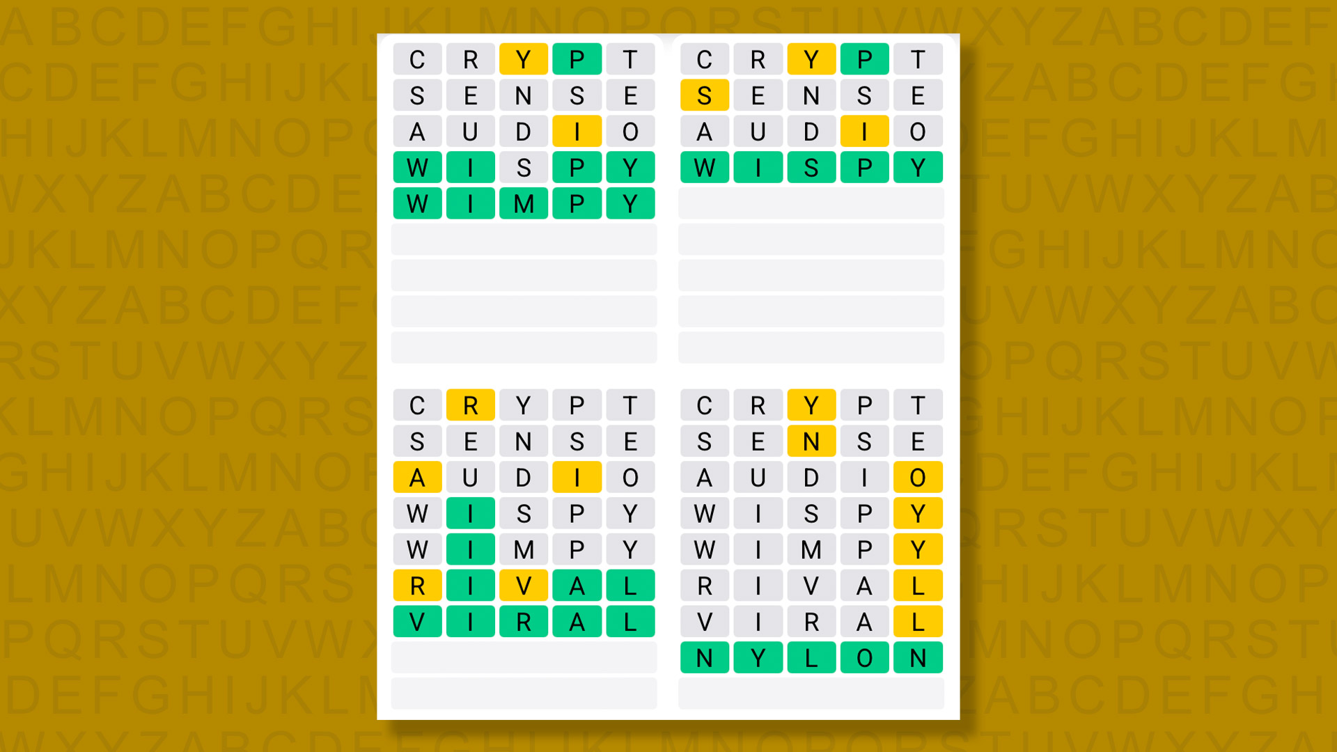 Quordle answers for game n°1602 on yellow background
