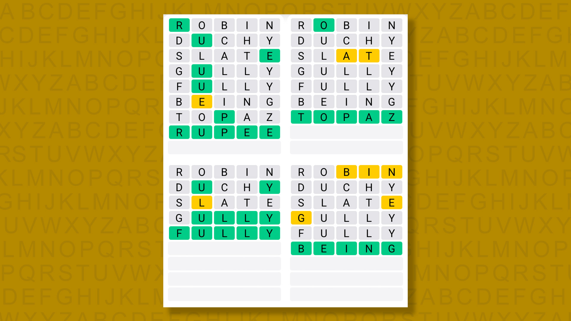 Quordle answers for the game 1616 on a yellow background