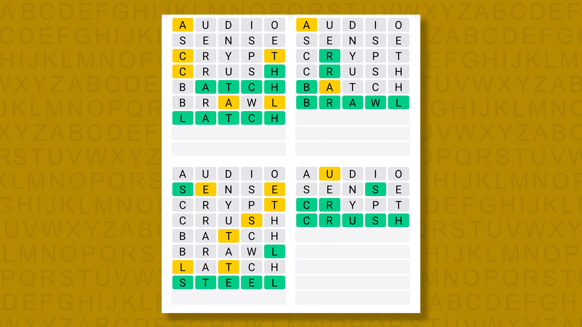 Quordle answers for the game 1606 on a yellow background