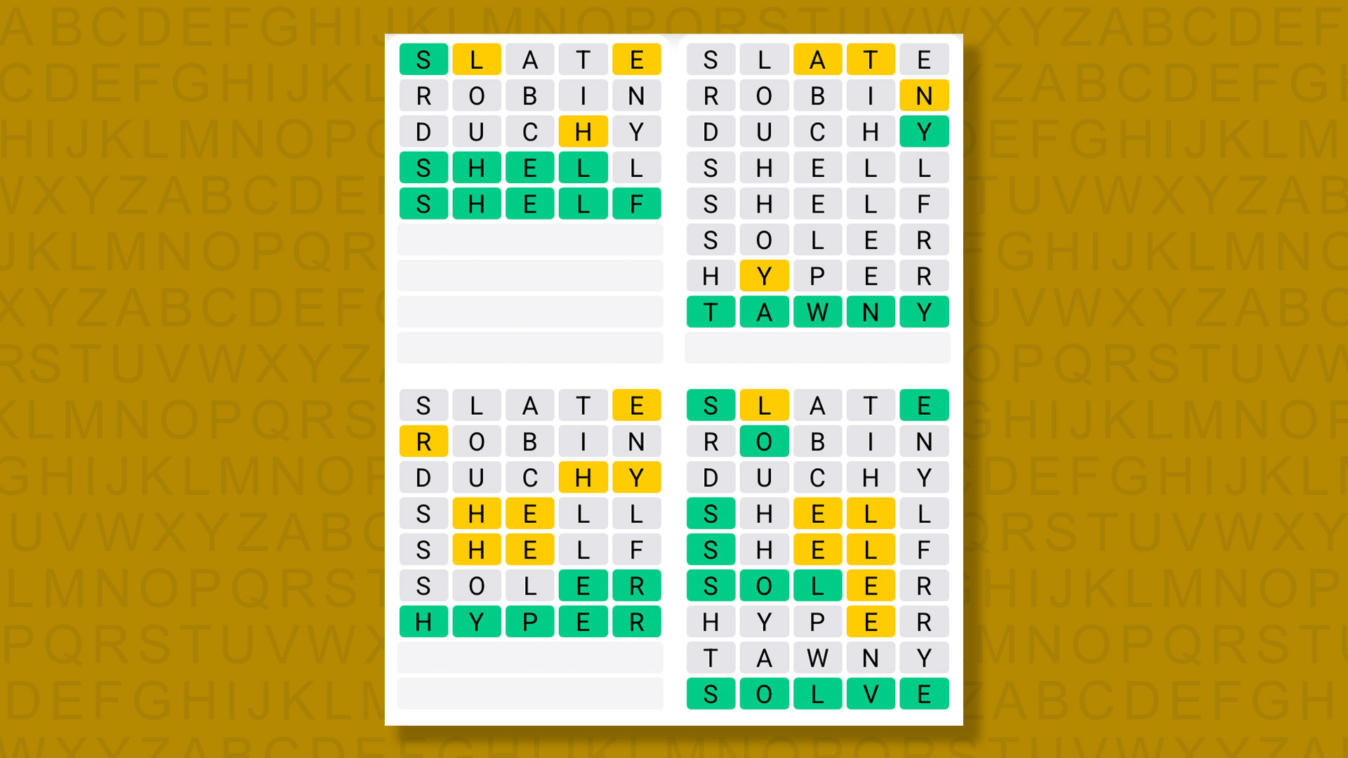 Quordle answers for the game 1613 on a yellow background