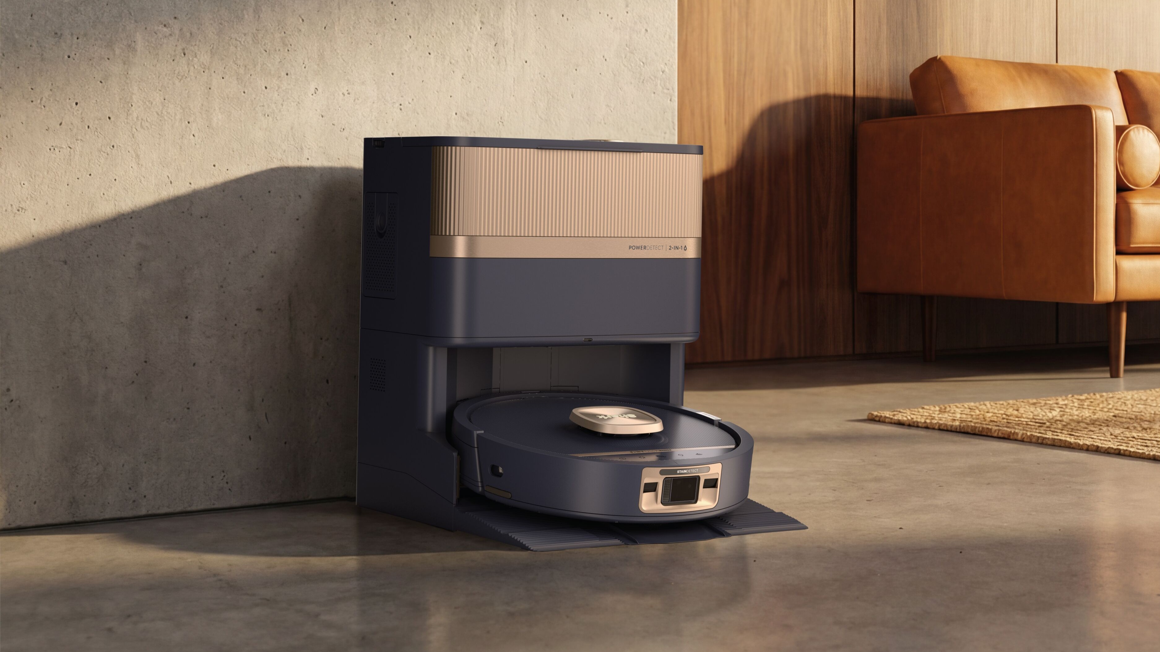 Shark PowerDetect UV Reveal 2-in-1 Vacuum and Amplifier Mop in Blue and Copper, Docked in Living Room