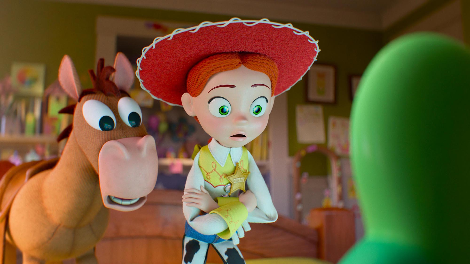 Bullseye and Jessie look at the Lilypad screen in Toy Story 5