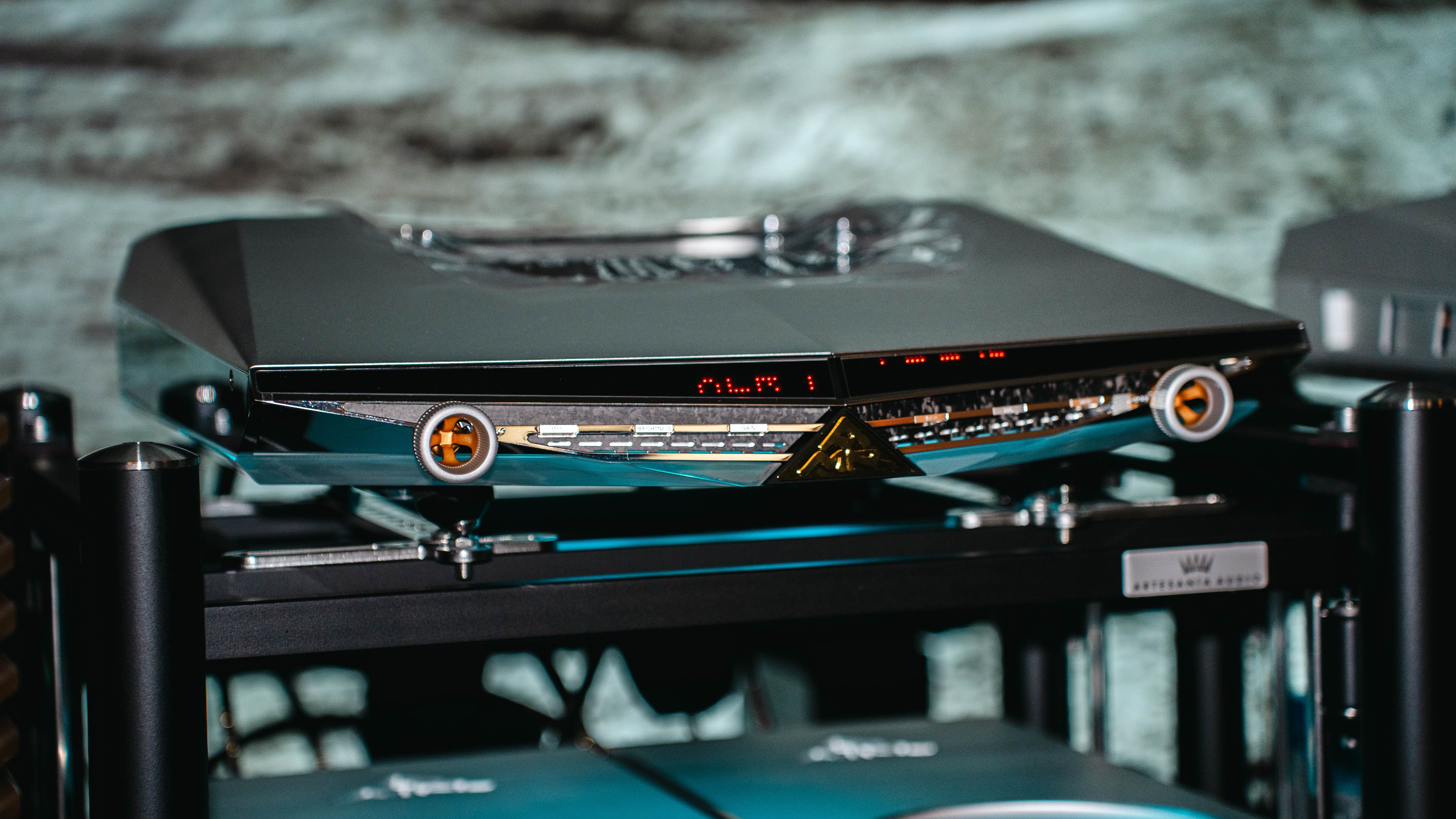 AMR Luna series separated on a hi-fi rack, with gray background