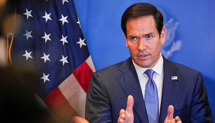 US Secretary of State Marco Rubio speaks with the media before leaving Bahrain International Airport after his visit to the Middle East to discuss the US-Iran interim deal with their Gulf Arab allies, in Manama, June 25, 2026. — AFP