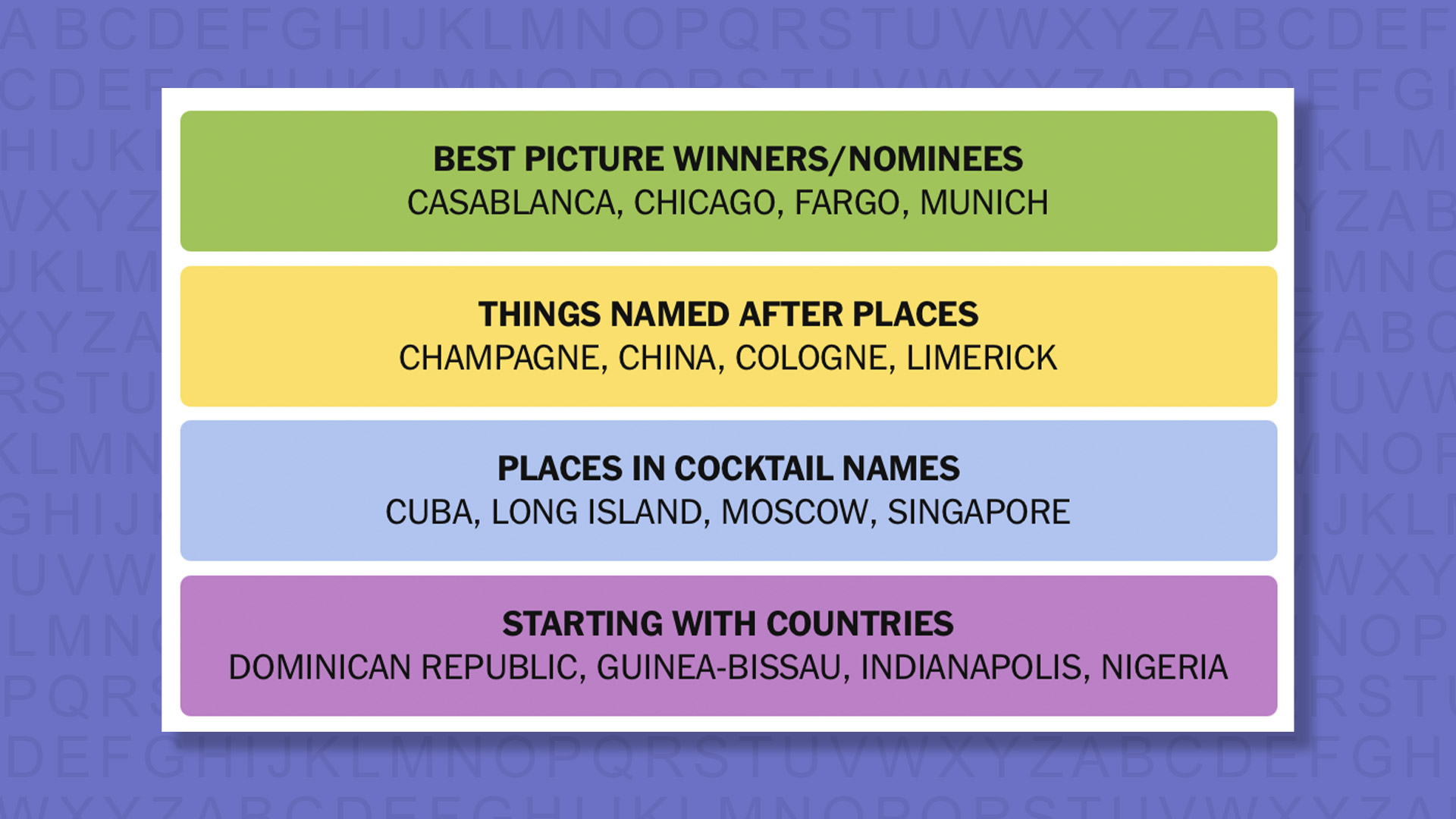 NYT Connections answers for game #1116 on purple background