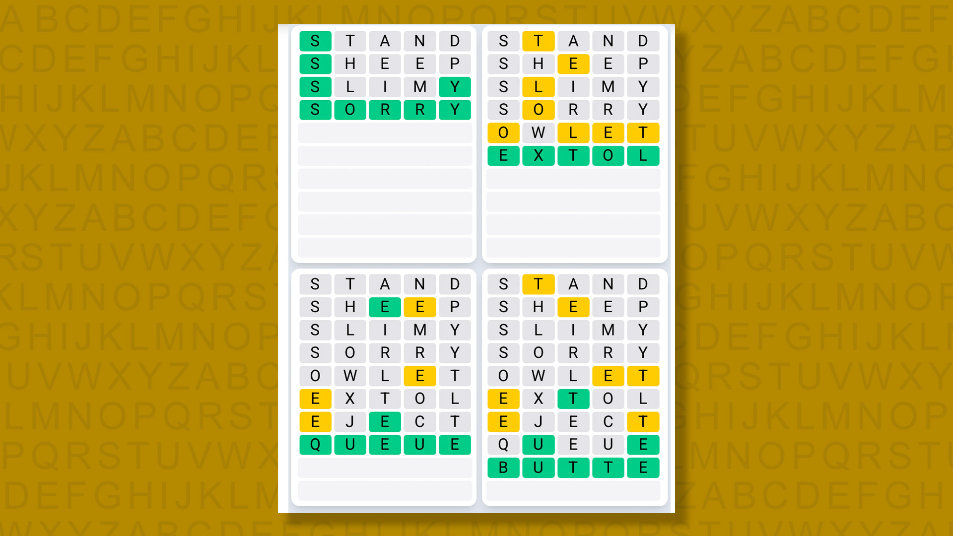 Quordle Daily Sequence answers for game #1619 on yellow background