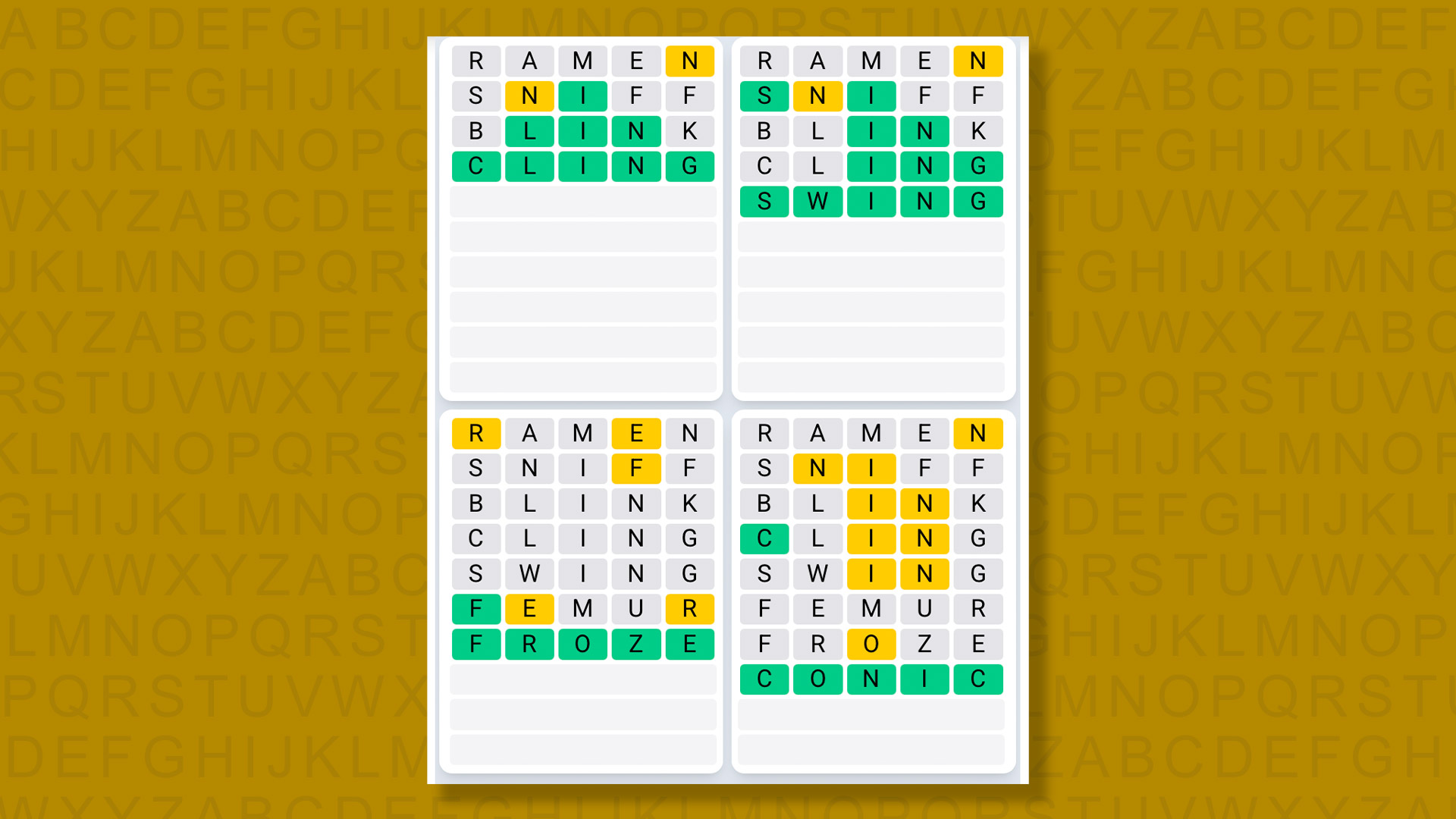 Quordle Daily Sequence answers for game #1620 on yellow background