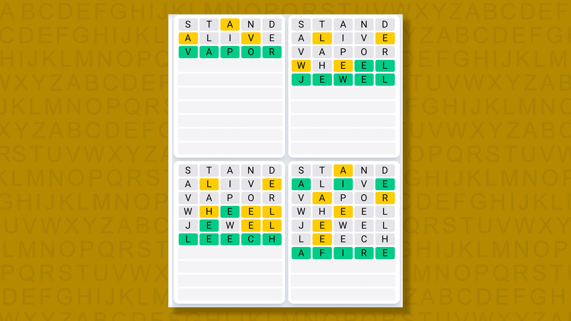 Quordle Daily Sequence answers for the game 1621 on yellow background