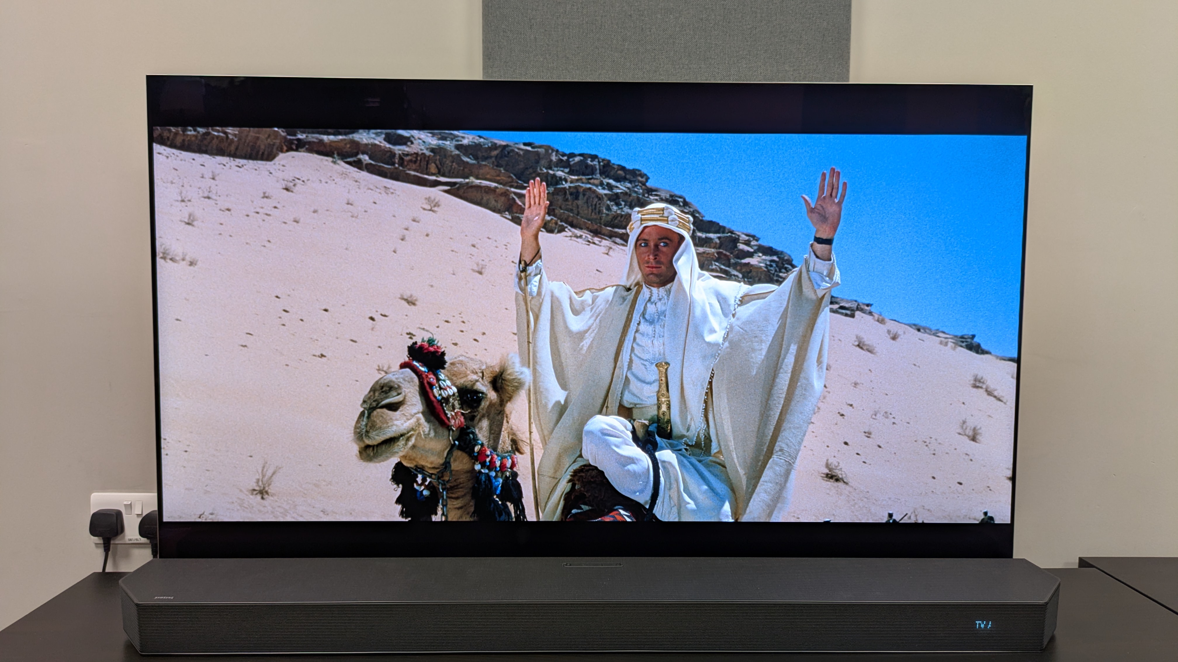 Lawrence of Arabia 4K Blu-ray on LG G5 showing Lawrence on a camel with his hands in the air