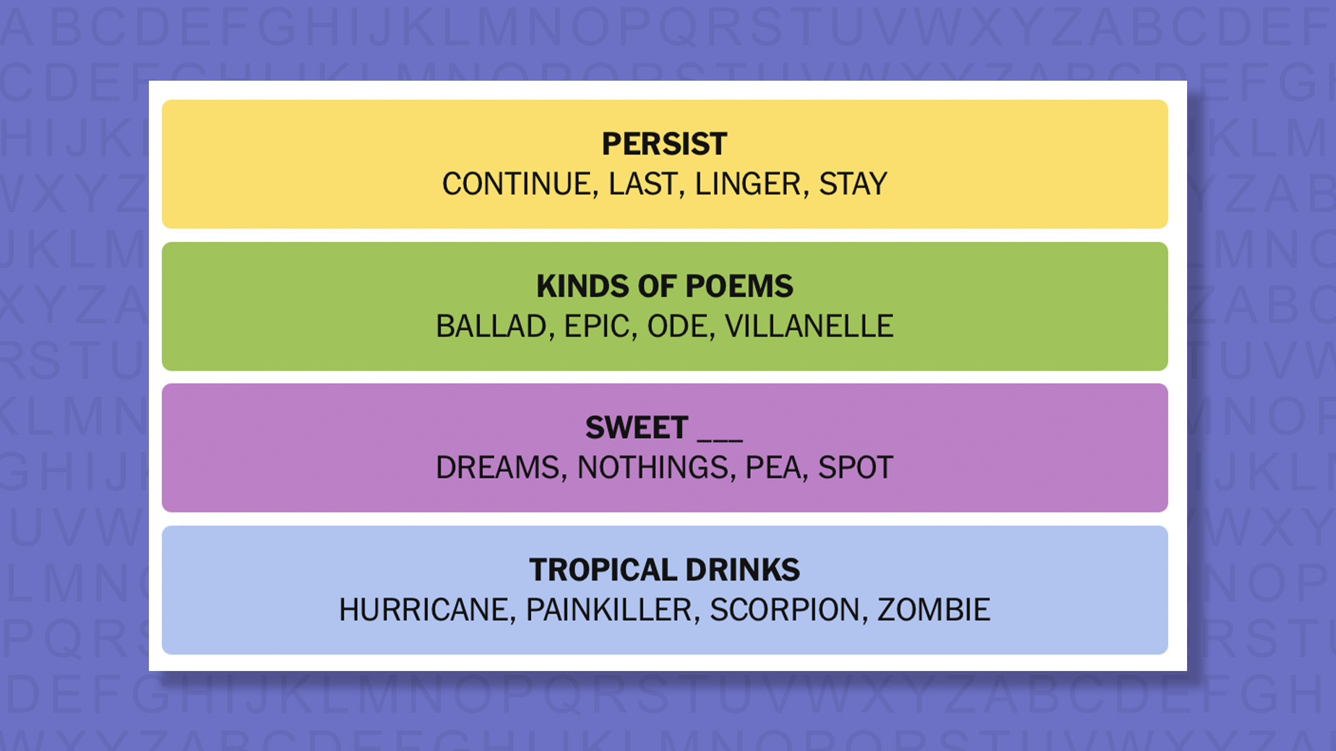 NYT Connections answers for game 1119 on purple background
