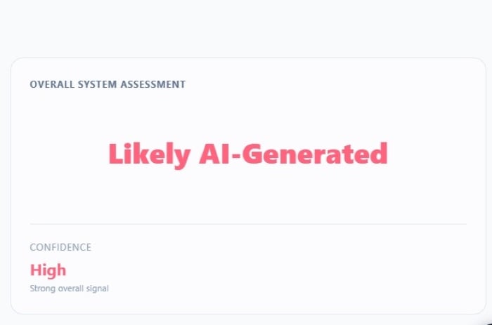 Screenshot from the University at Buffalos DeepFake O Meter rating the video as likely AI generated with high confidence.