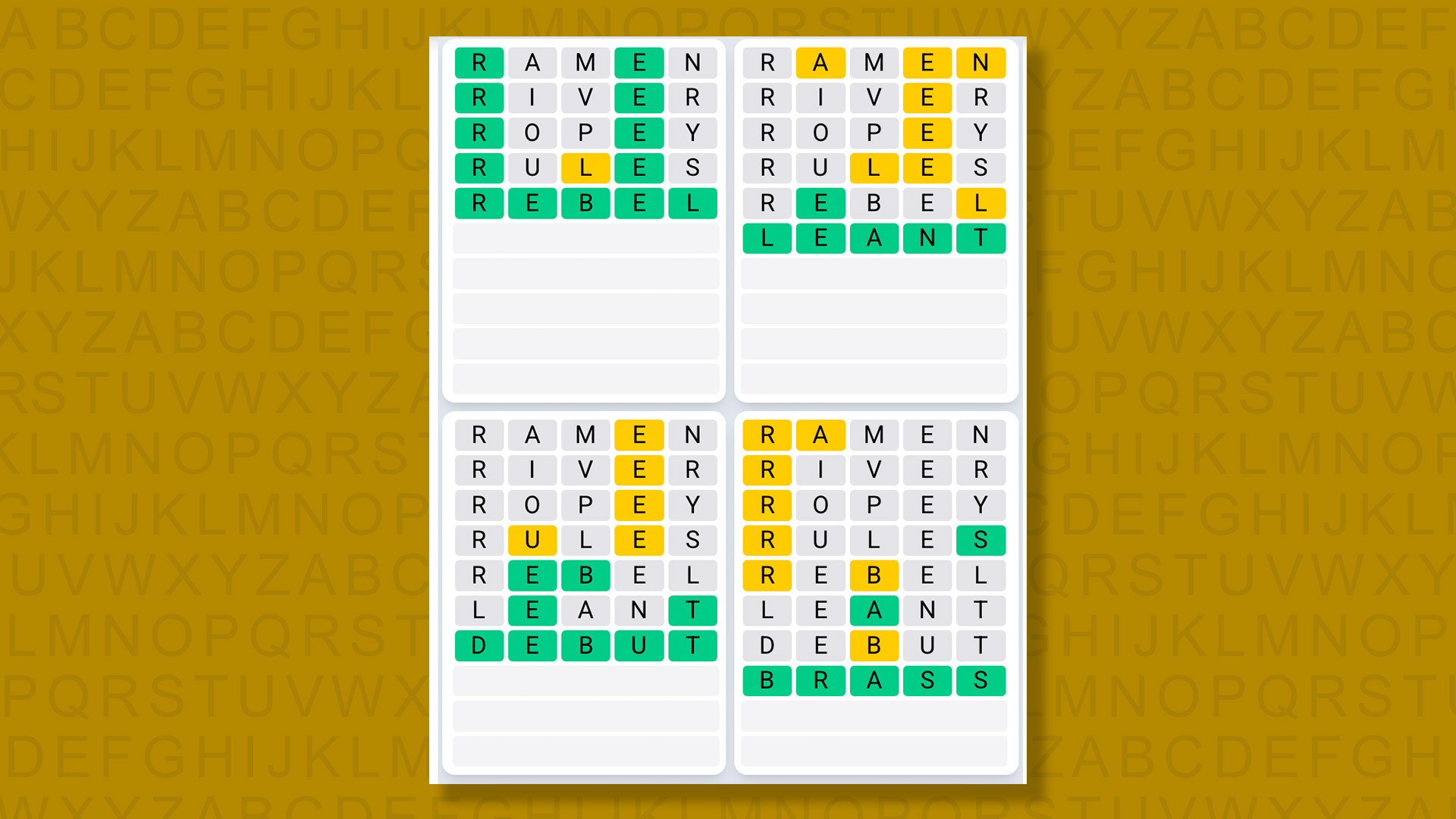Quordle Daily Sequence answers for the game 1623 on yellow background