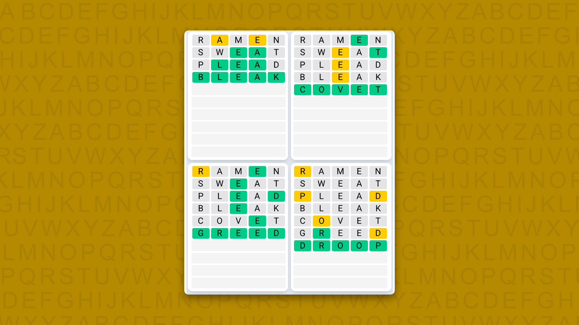 Quordle Daily Sequence answers for the game 1624 on yellow background