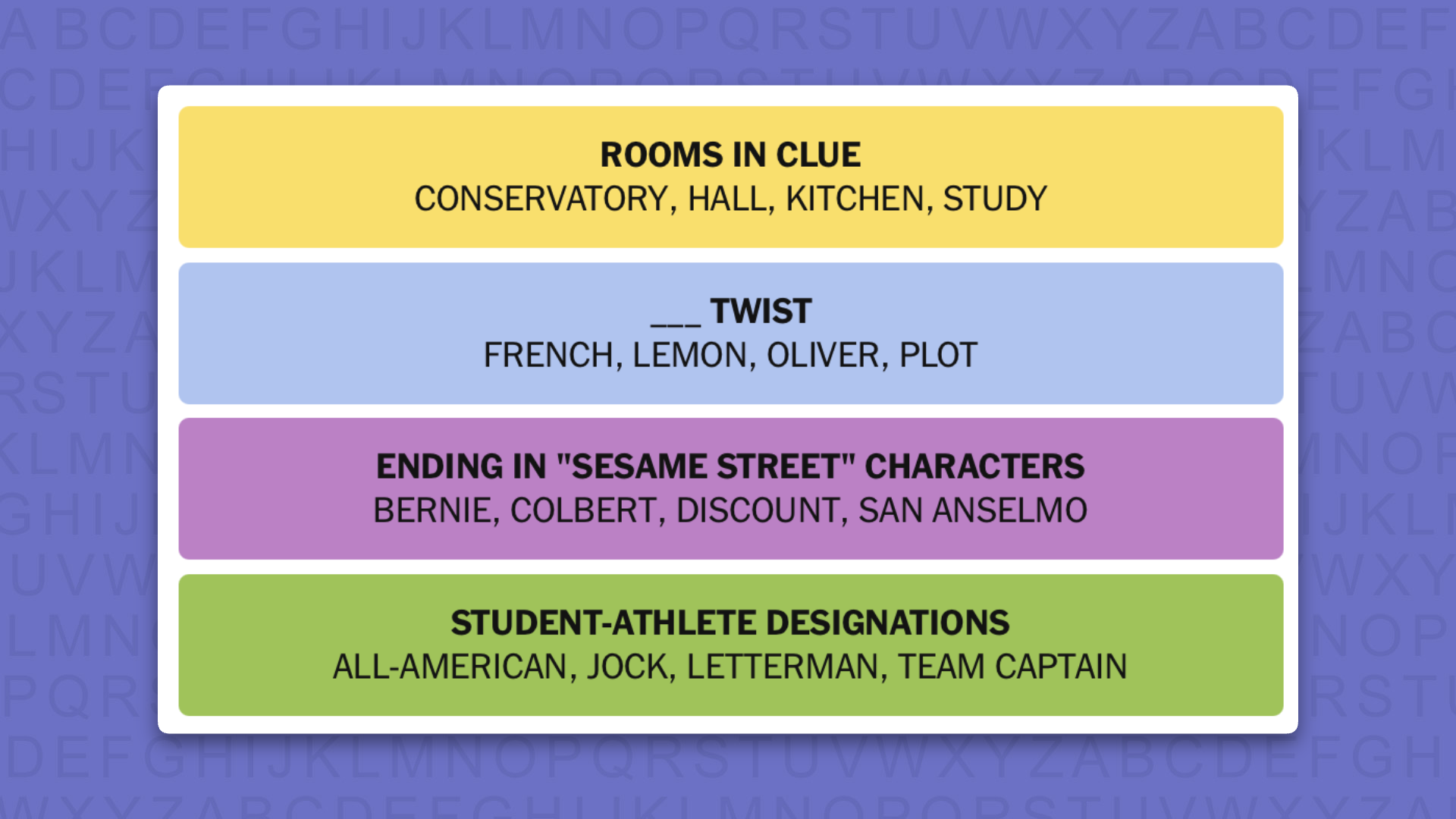 NYT Connections answers for game 1122 on purple background