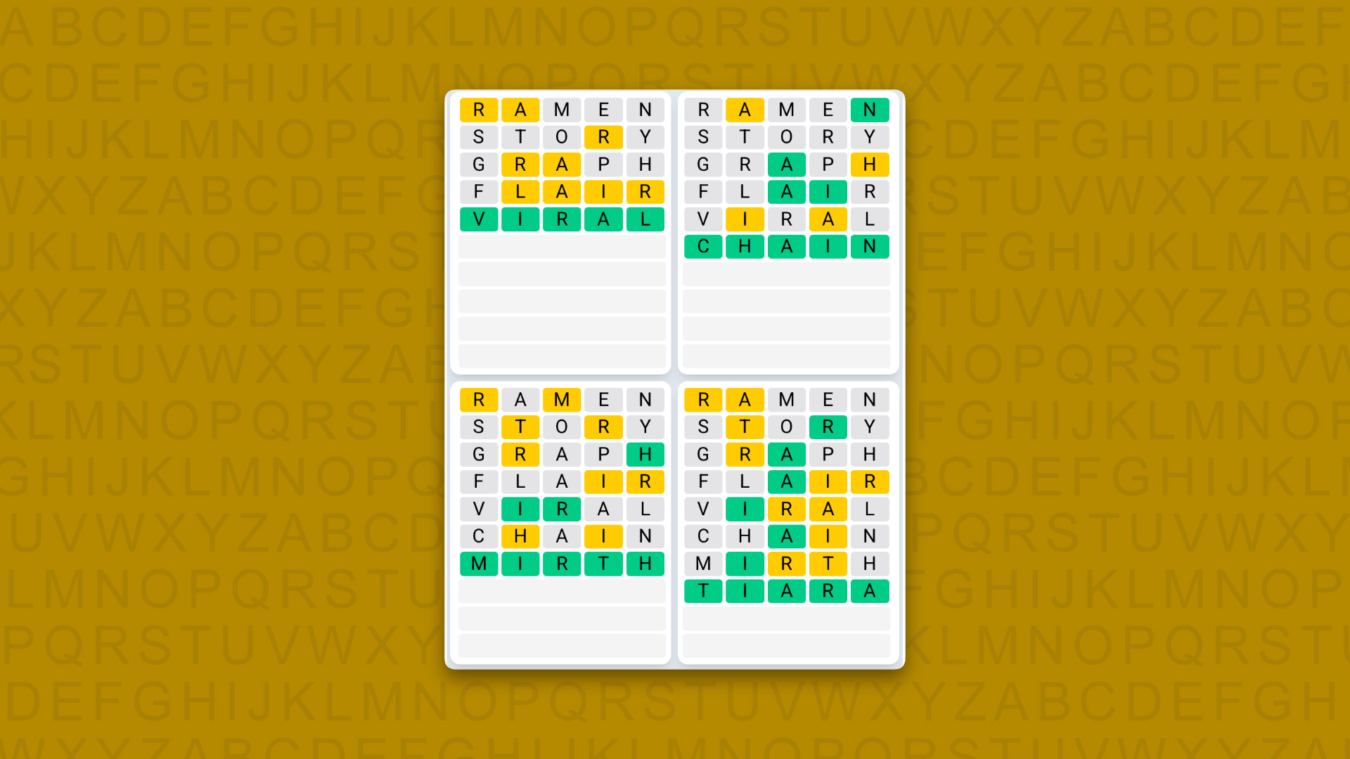 Quordle Daily Sequence answers for the game 1625 on yellow background