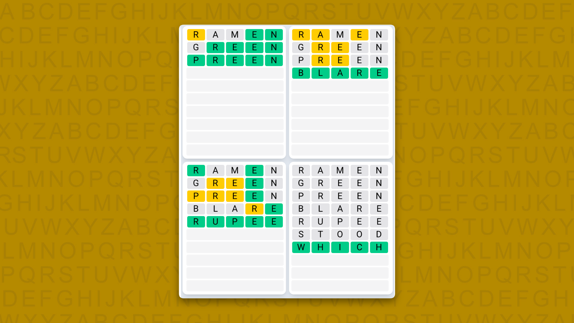 Quordle Daily Sequence answers for the game 1626 on yellow background