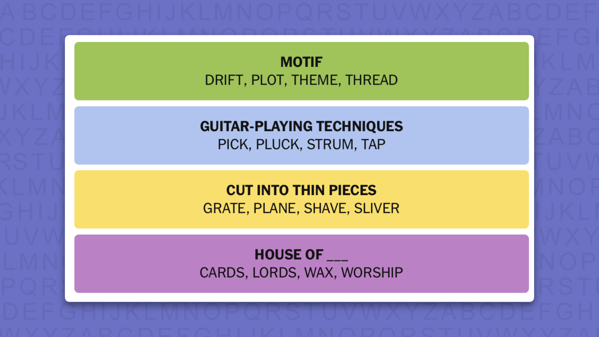 NYT Connections answers for game 1123 on purple background