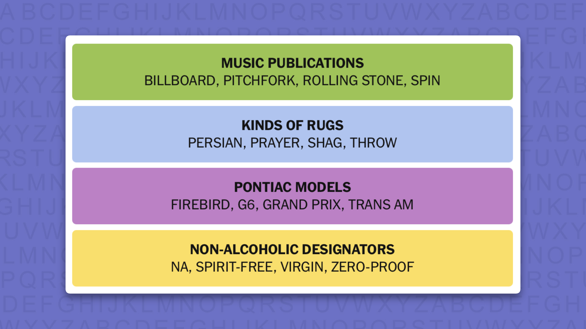 NYT Connections answers for game 1124 on purple background