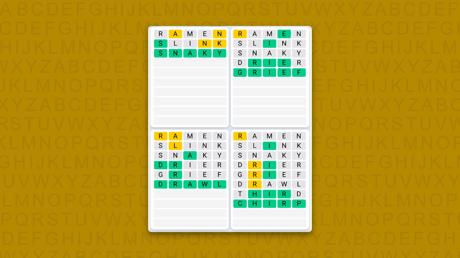 Quordle Daily Sequence answers for the game 1627 on yellow background