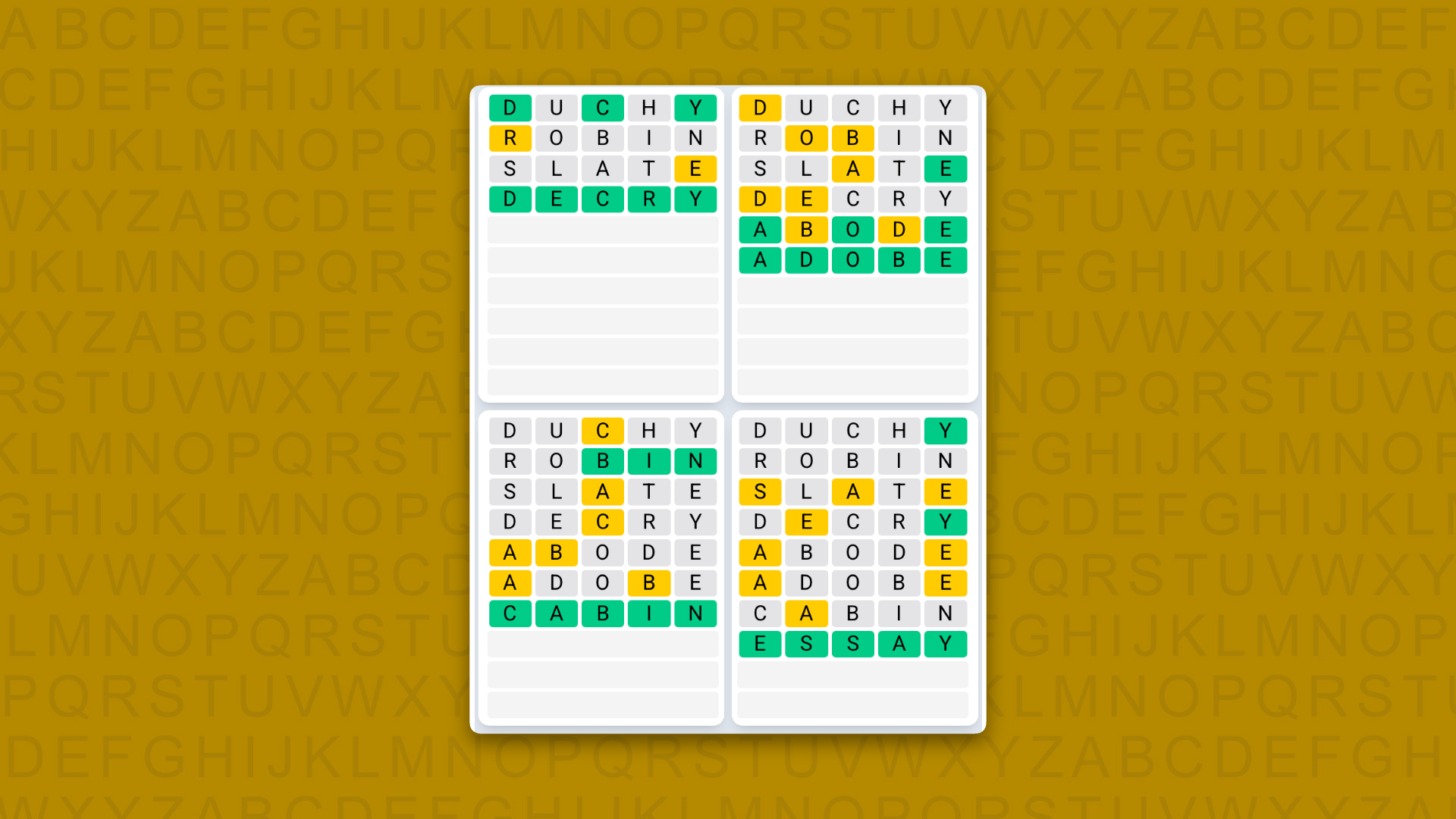 Quordle Daily Sequence answers for the game 1628 on yellow background