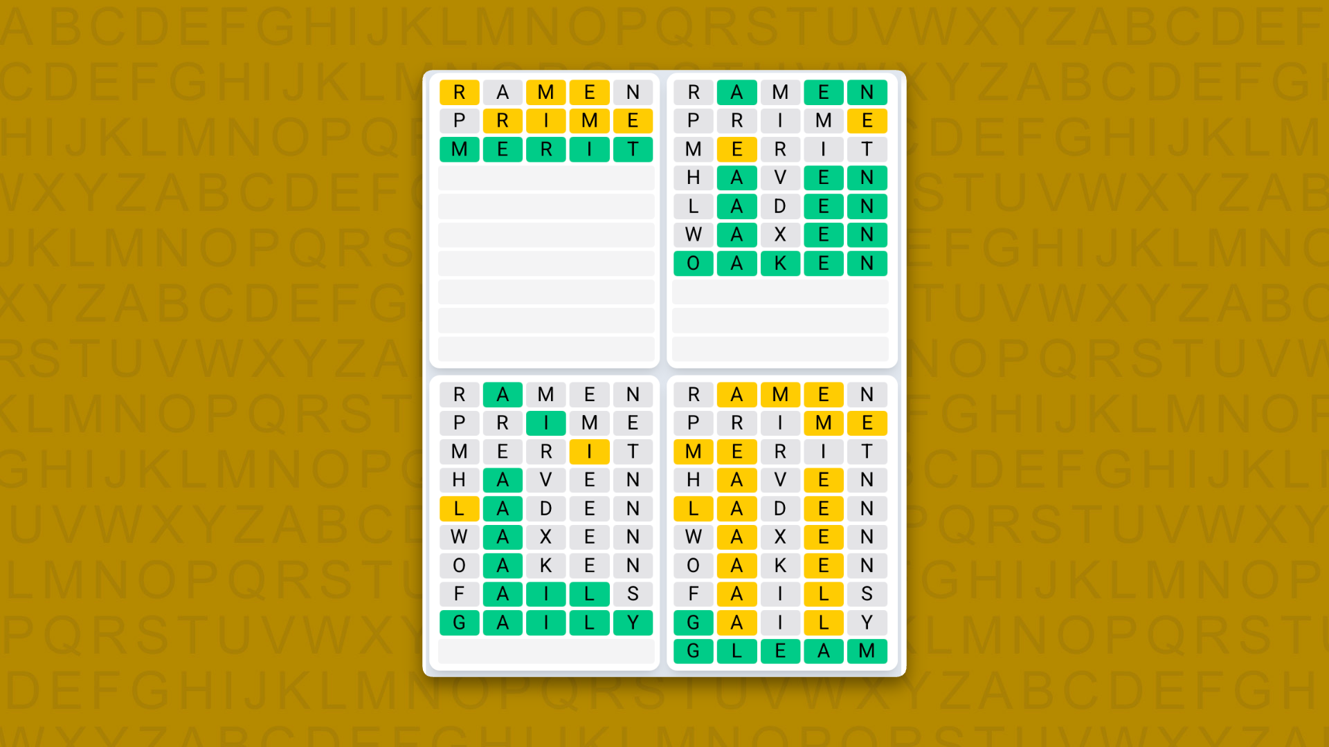Quordle Daily Sequence answers for the game 1629 on yellow background
