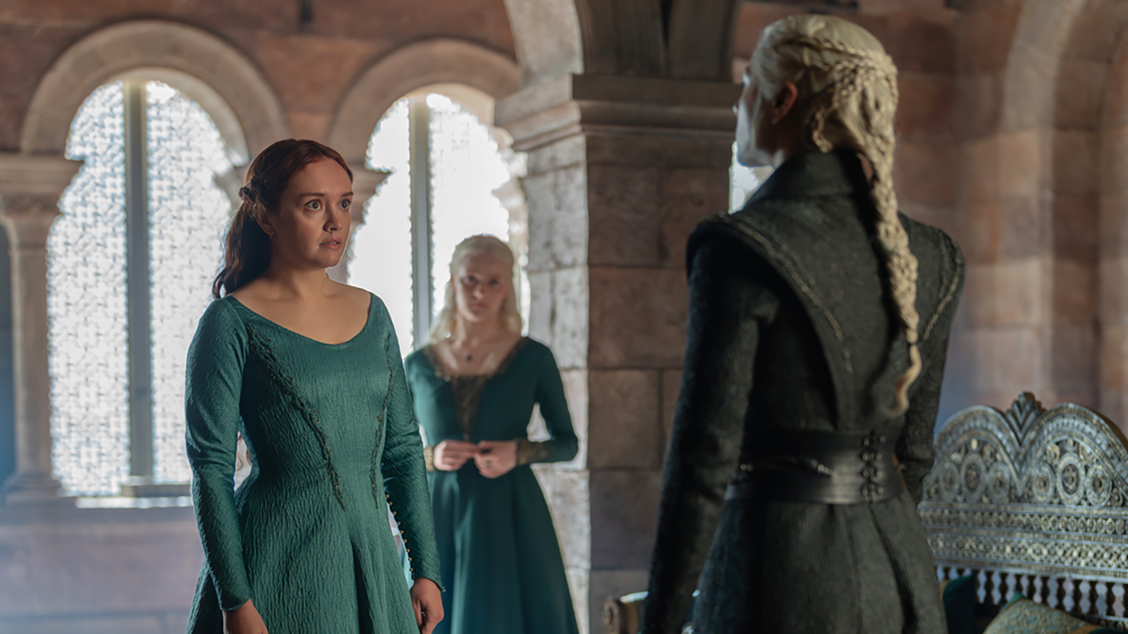 Alicent watches Rhaenyra while Halaena watches in House of the Dragon Season 3 Episode 3