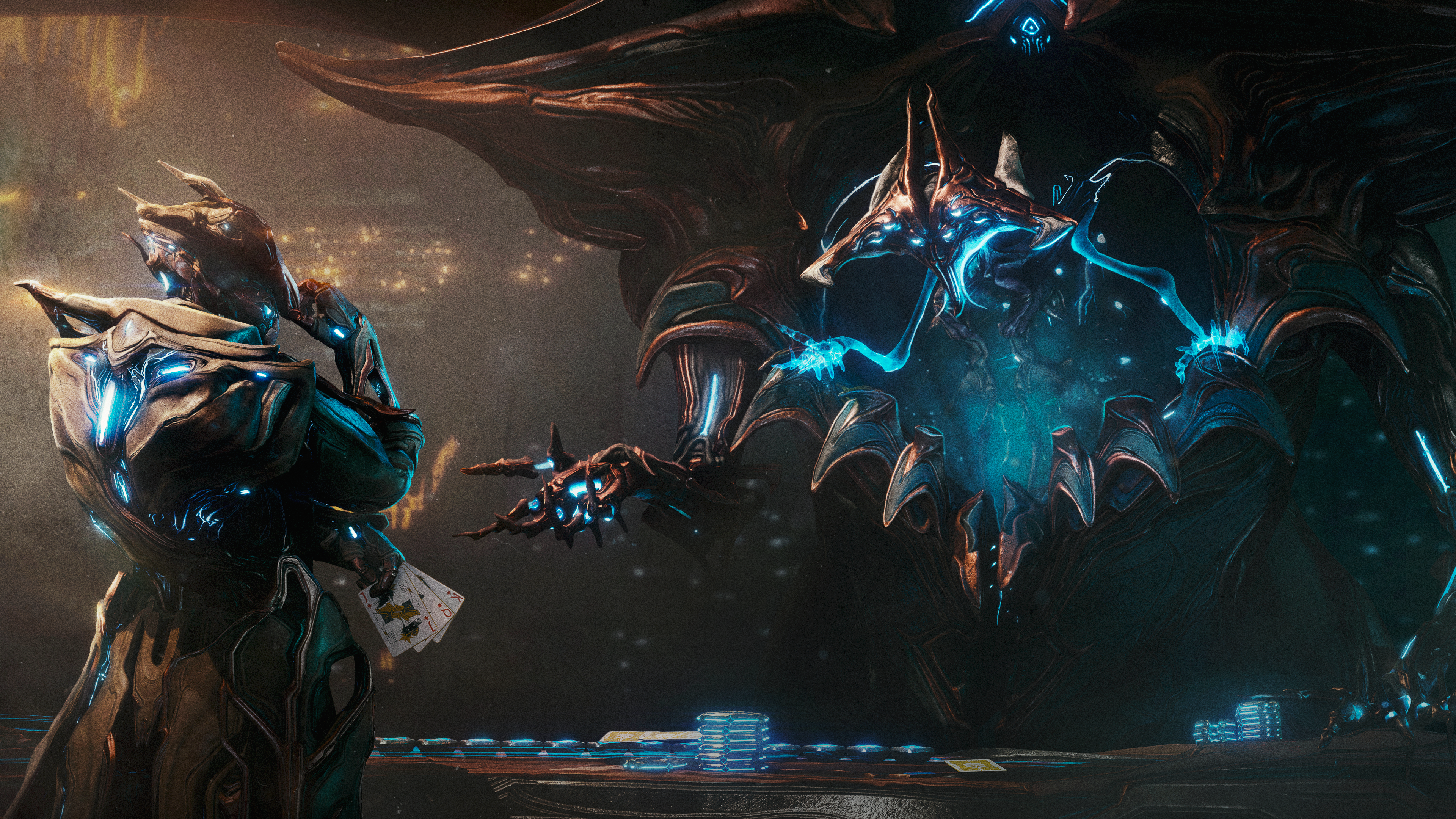 Screenshot from Warframe's Tau update, showing Brysko playing cards against the Hunra.