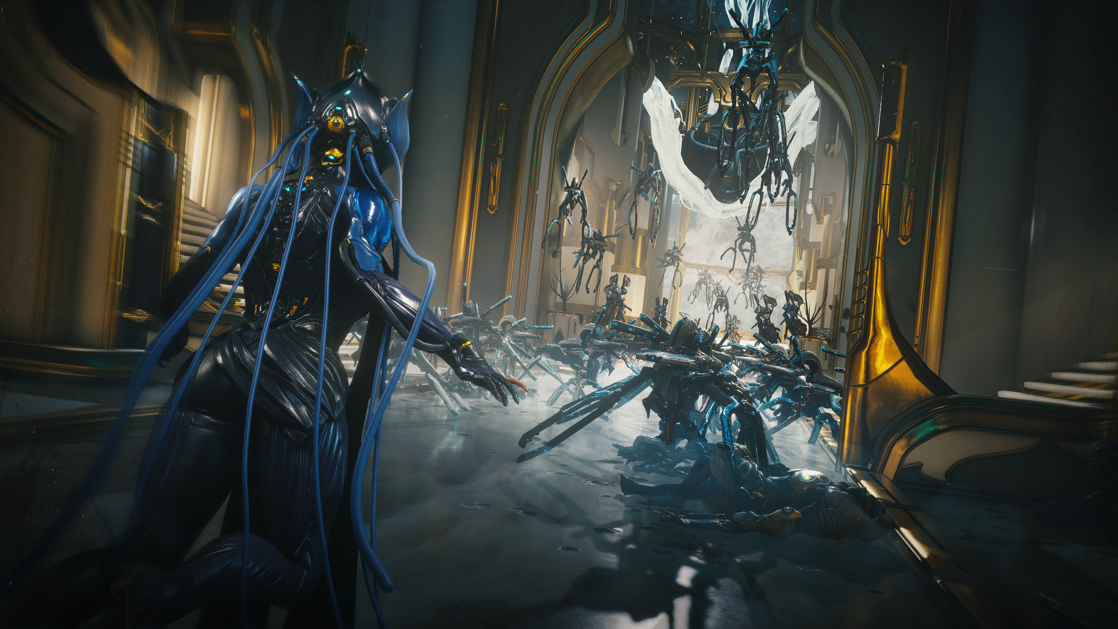 Screenshot from Warframe's Tau update, showing the Lotus taking on an army of Sentients.