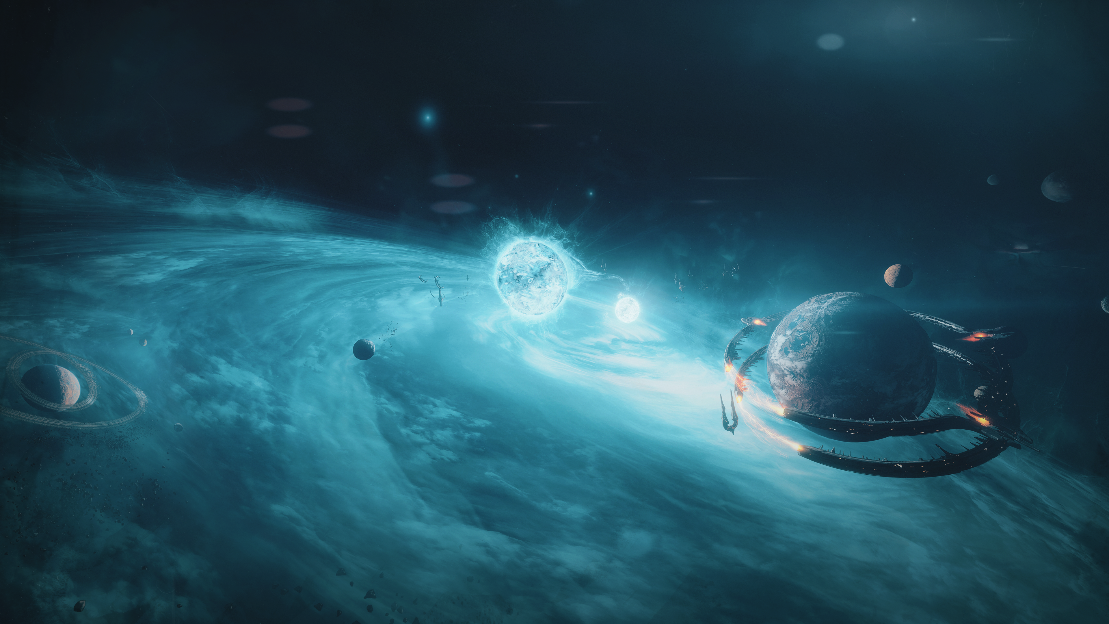 Screenshot from Warframe's Tau update, showing the Tau binary star system and surrounding planets.