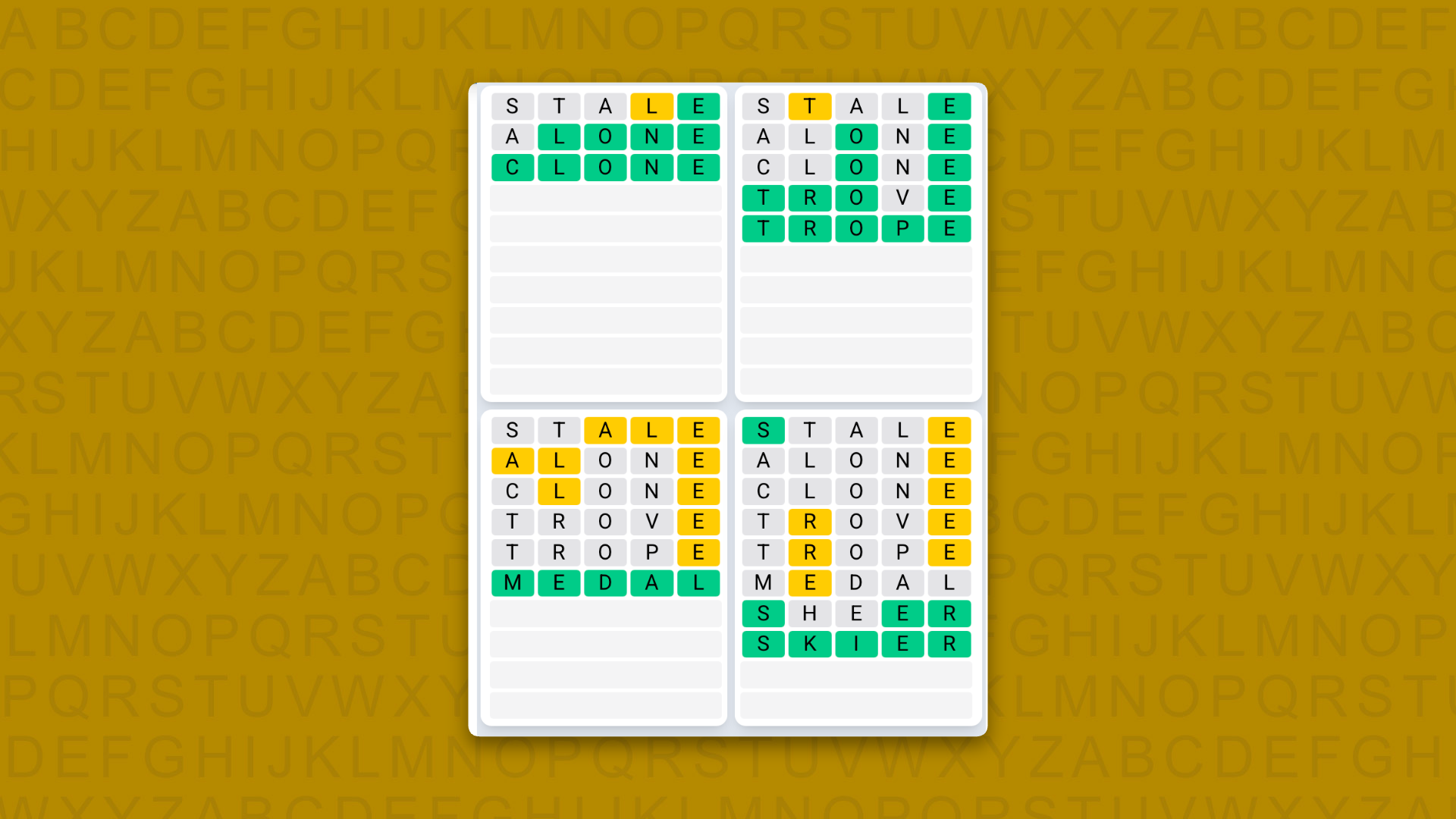 Quordle Daily Sequence answers for the game 1630 on yellow background