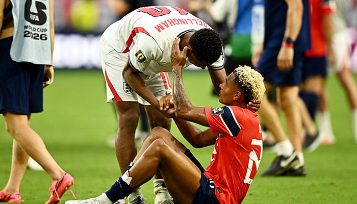 England's Jude Bellingham consoles Norway's Antonio Nusa after England's World Cup quarter-final victory at Miami Stadium in Miami Gardens, Florida, July 11, 2026, securing a place in the semi-finals. -Reuters