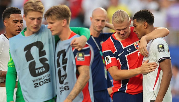 Norway's Erling Haaland embraces England's Jude Bellingham after the World Cup quarter-final at Miami Stadium in Miami Gardens, Florida, July 11, 2026, as England advance to the semi-finals. -Reuters