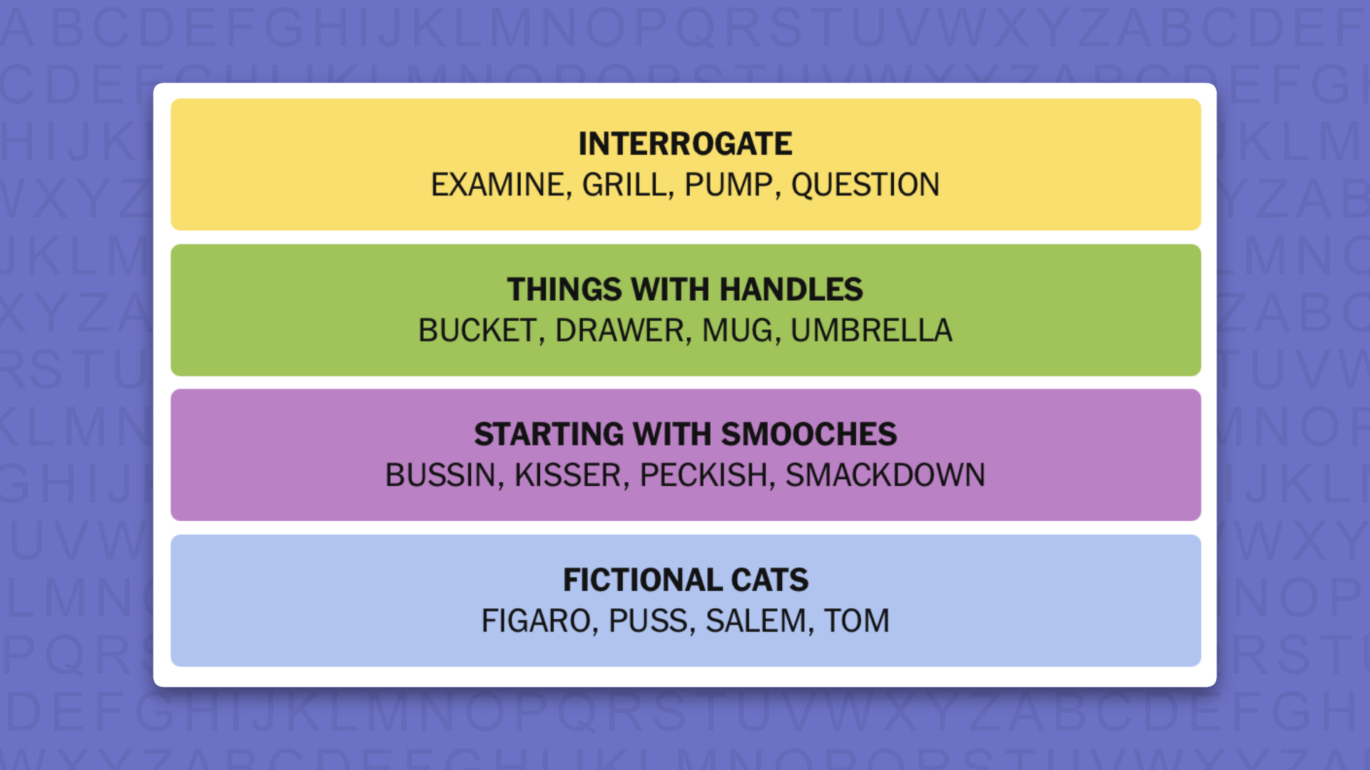 NYT Connections answers for game 1128 on purple background