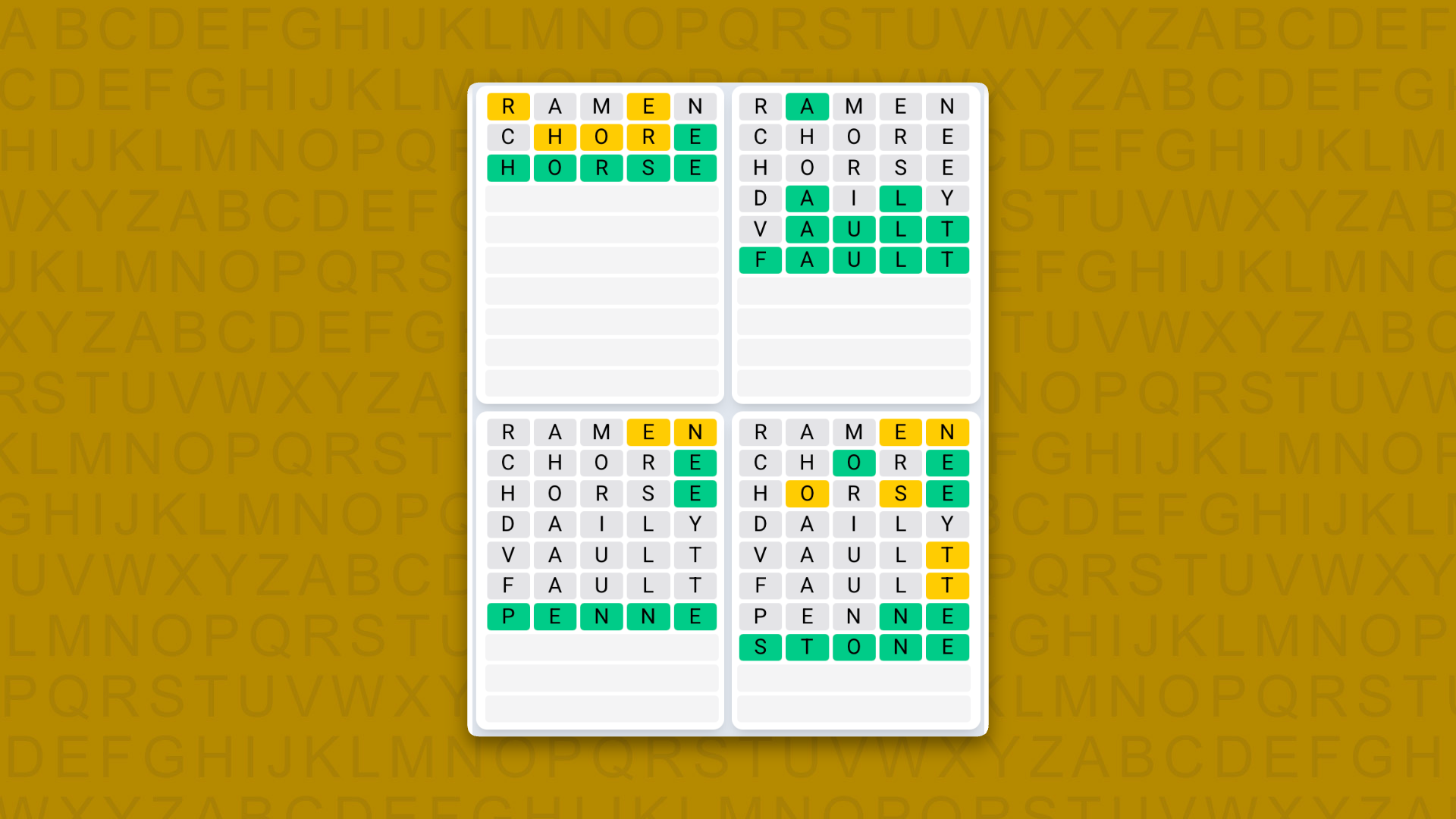 Quordle Daily Sequence answers for the game 1631 on yellow background