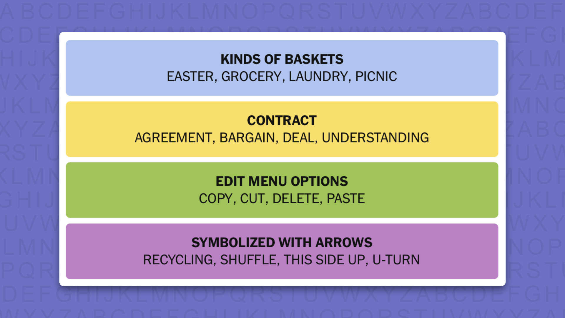 NYT Connections answers for game 1129 on purple background