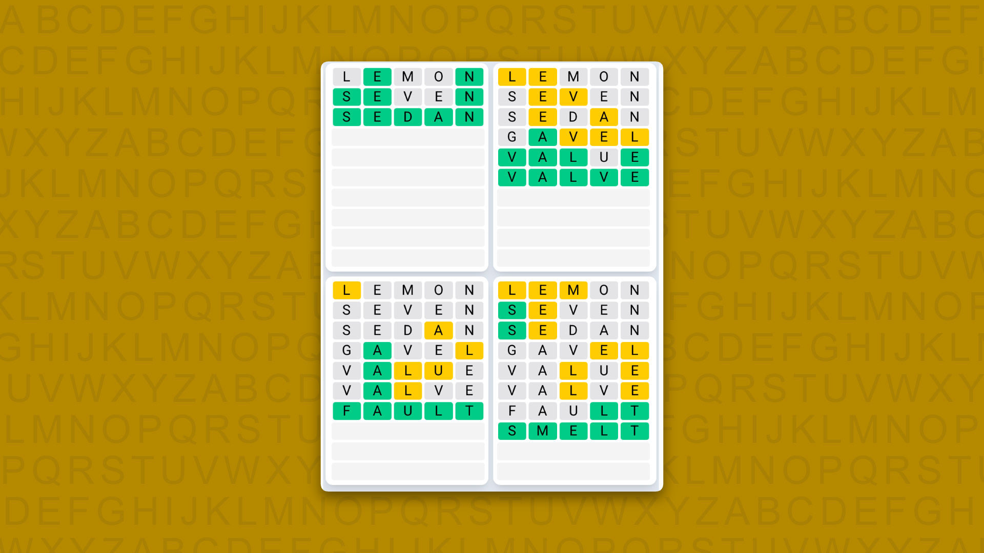 Quordle Daily Sequence answers for the game 1632 on yellow background